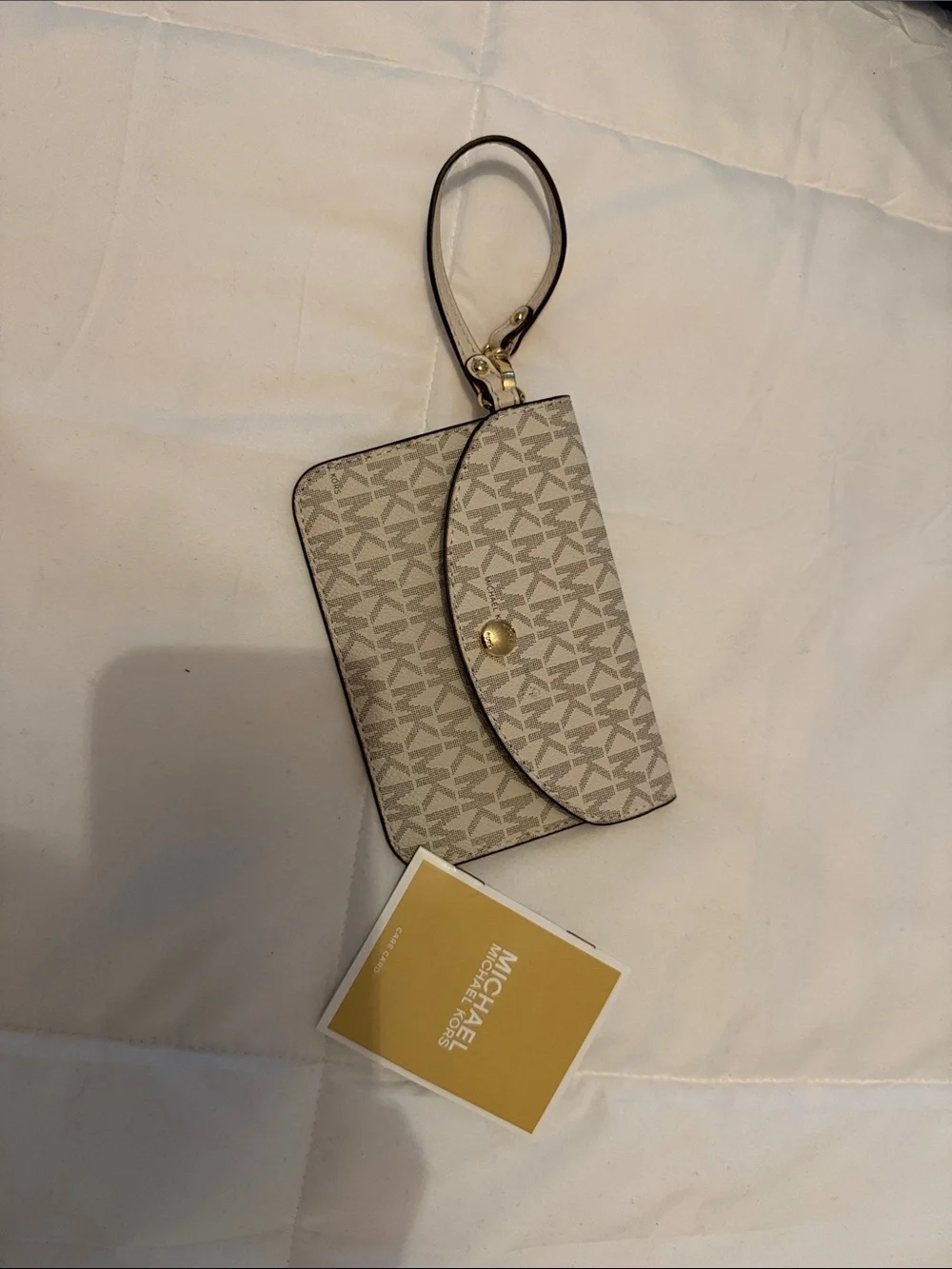 Michael Kors Beige Logo Wristlet with Gold Accent